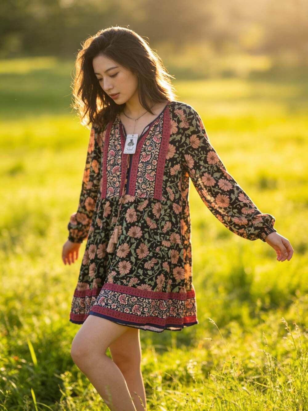 Easel Los Angeles Black Floral Long-Sleeve Peasant Dress with Tassels Size S